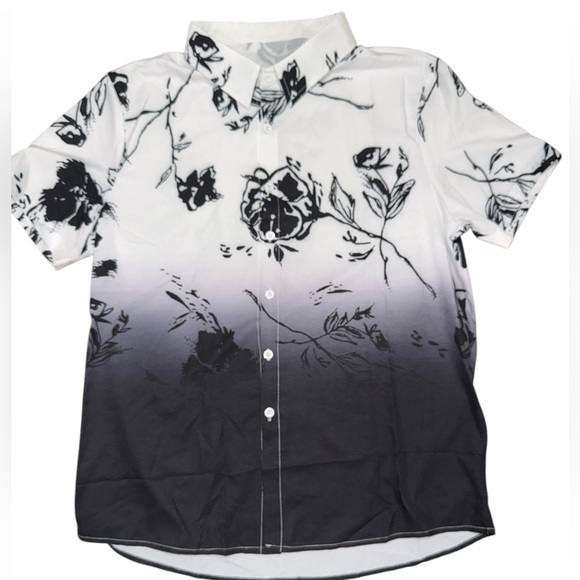 Black and White Casual Button Down Shirt with Floral Design - Picture 1 of 5